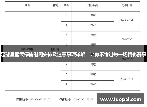 足球星期天停售时间安排及注意事项详解，让你不错过每一场精彩赛事